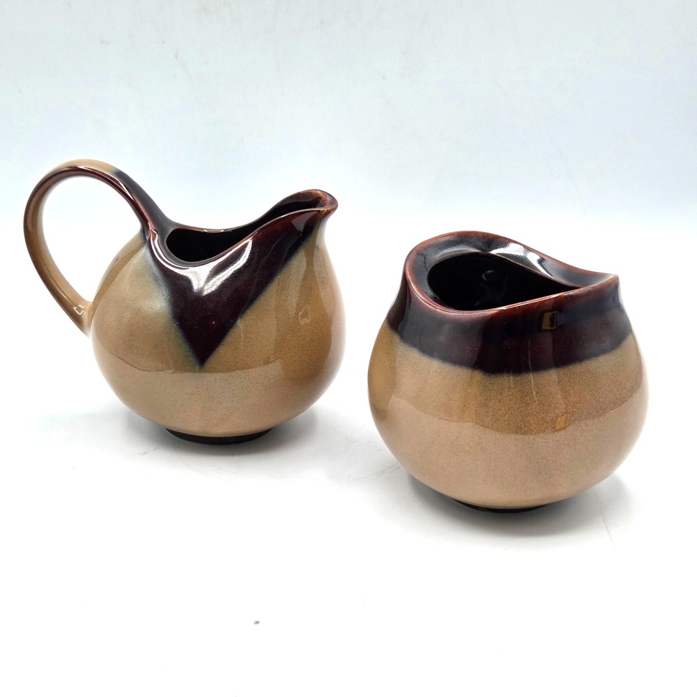 MCM Sango Nova Brown Stoneware Two-Tone Creamer & Sugar Bowl Set VINTAGE